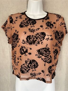 Y2K Sheer Mesh Rose Floral Crop Top Dusty Rose Pink Velvet Flocked Sz XL